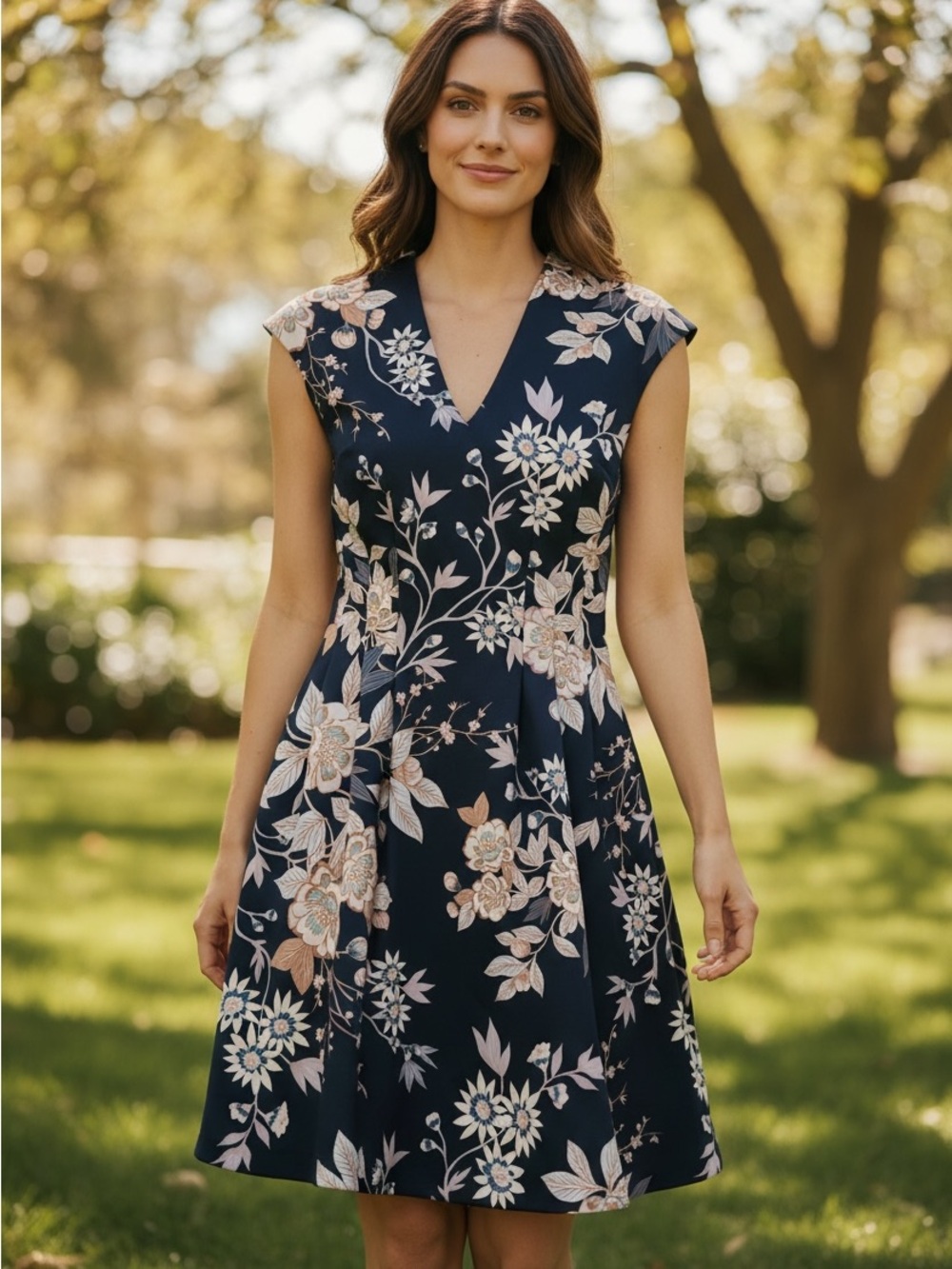 Vince Camuto Navy Floral V-Neck Midi Dress